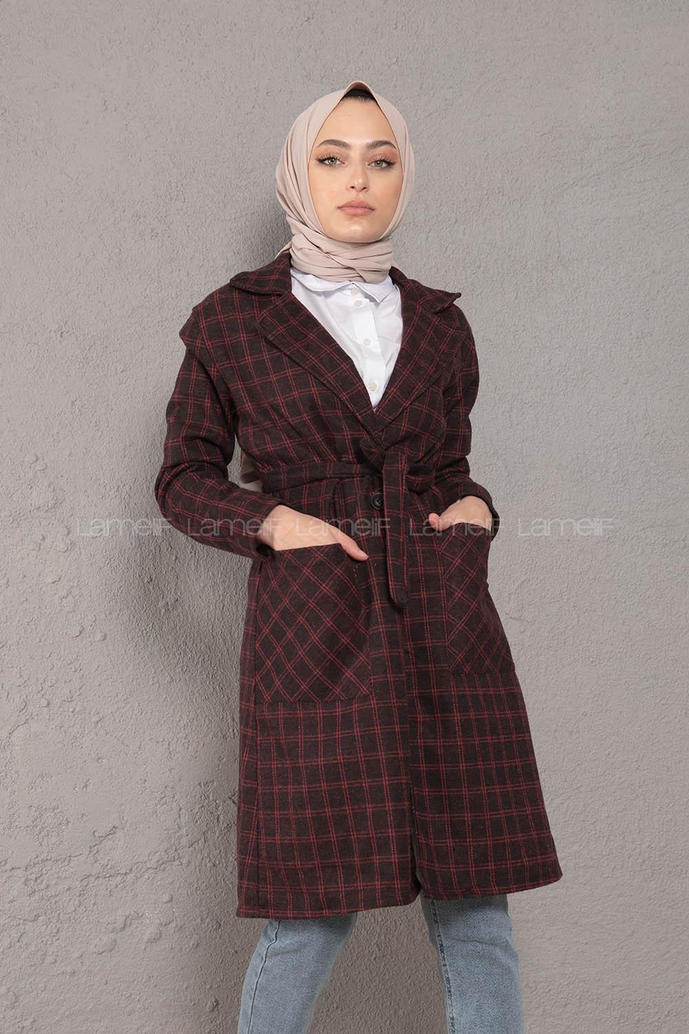 Modalamelif Kuşaklı Ekose Desen Uzun Ceket Siyah Bordo