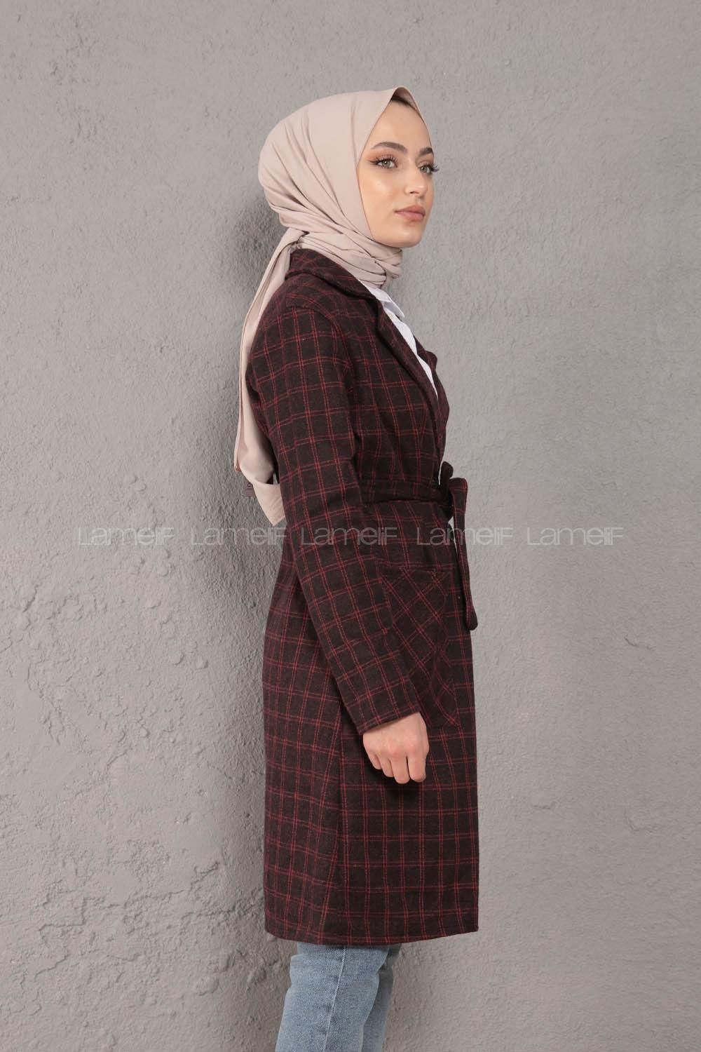 Modalamelif Kuşaklı Ekose Desen Uzun Ceket Siyah Bordo