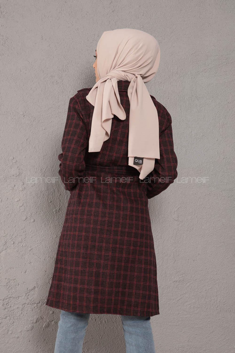 Modalamelif Kuşaklı Ekose Desen Uzun Ceket Siyah Bordo