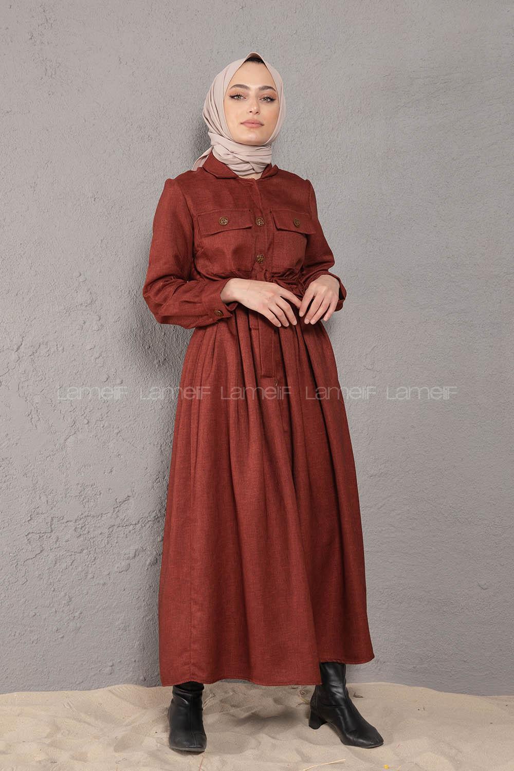 Modalamelif Önü Boydan Düğmeli Elbise Kiremit