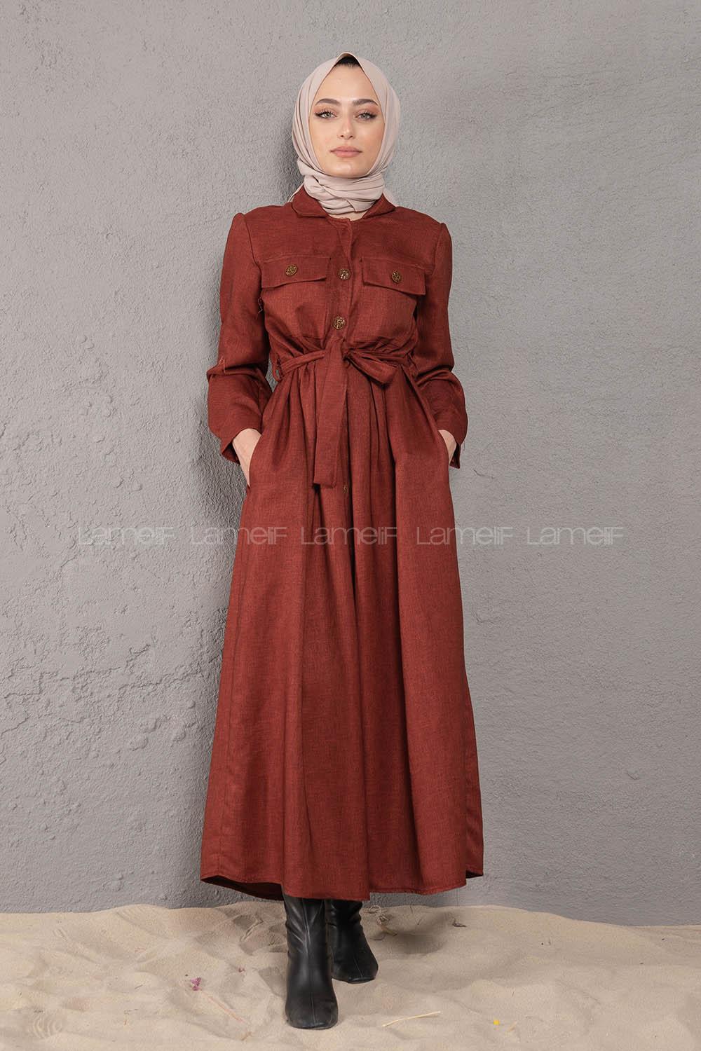 Modalamelif Önü Boydan Düğmeli Elbise Kiremit