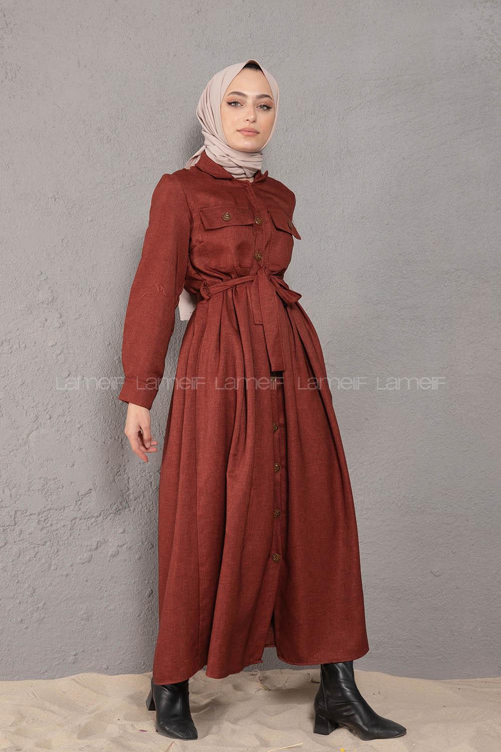 Modalamelif Önü Boydan Düğmeli Elbise Kiremit