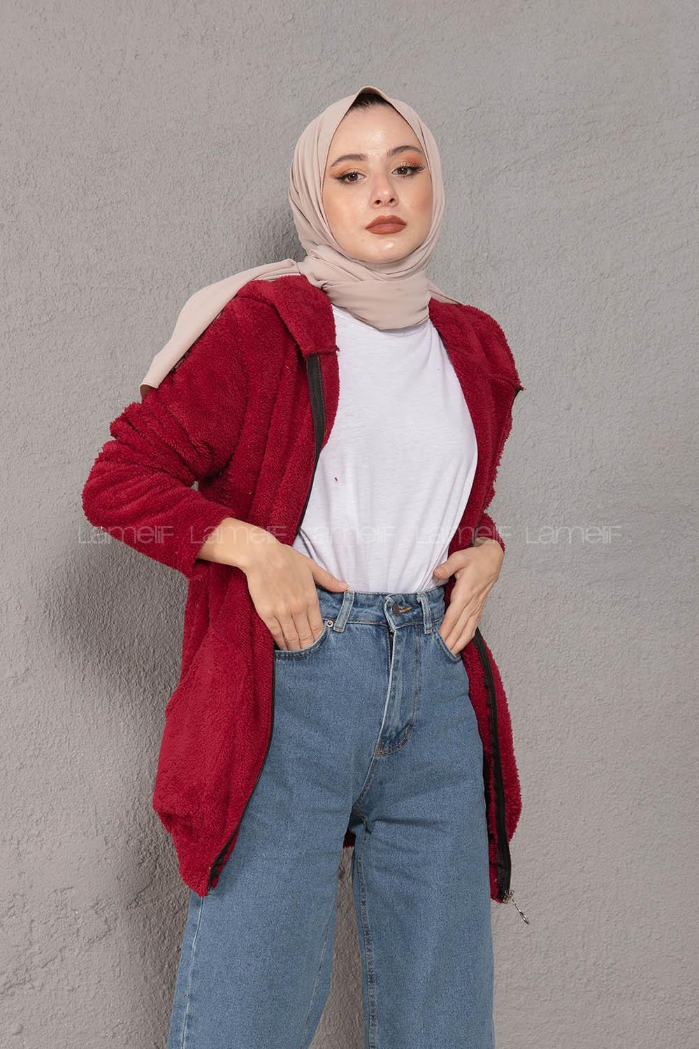 Modalamelif Önü Fermuarlı Peluş Mont Bordo