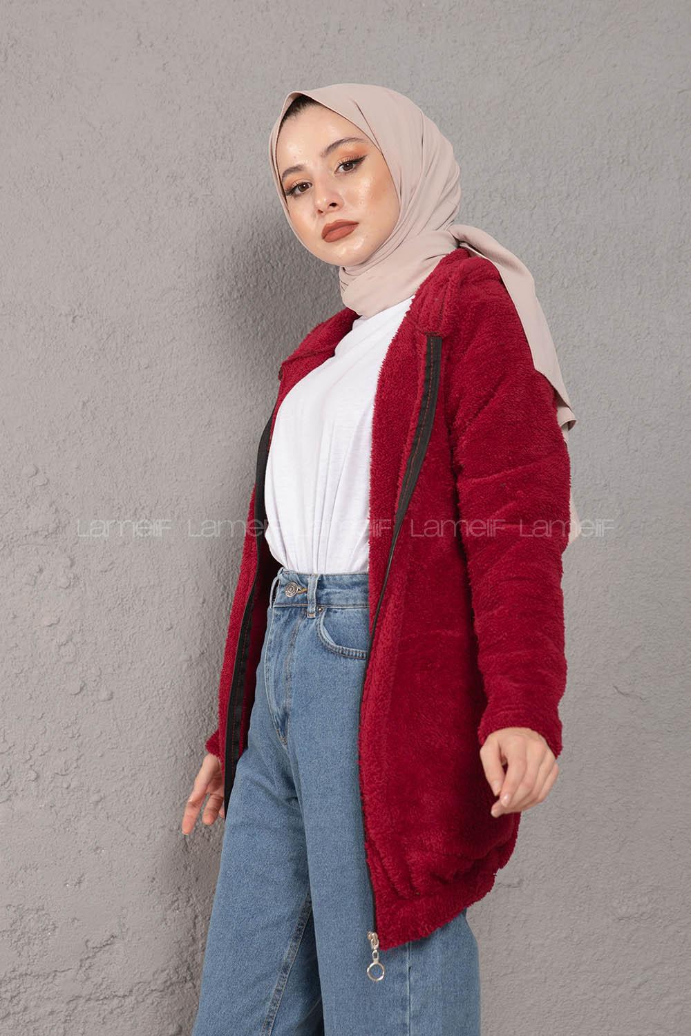 Modalamelif Önü Fermuarlı Peluş Mont Bordo