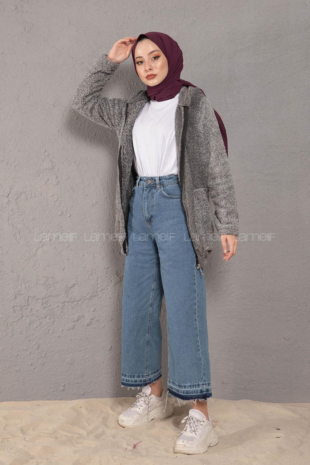 Modalamelif Önü Fermuarlı Peluş Mont Gri Siyah