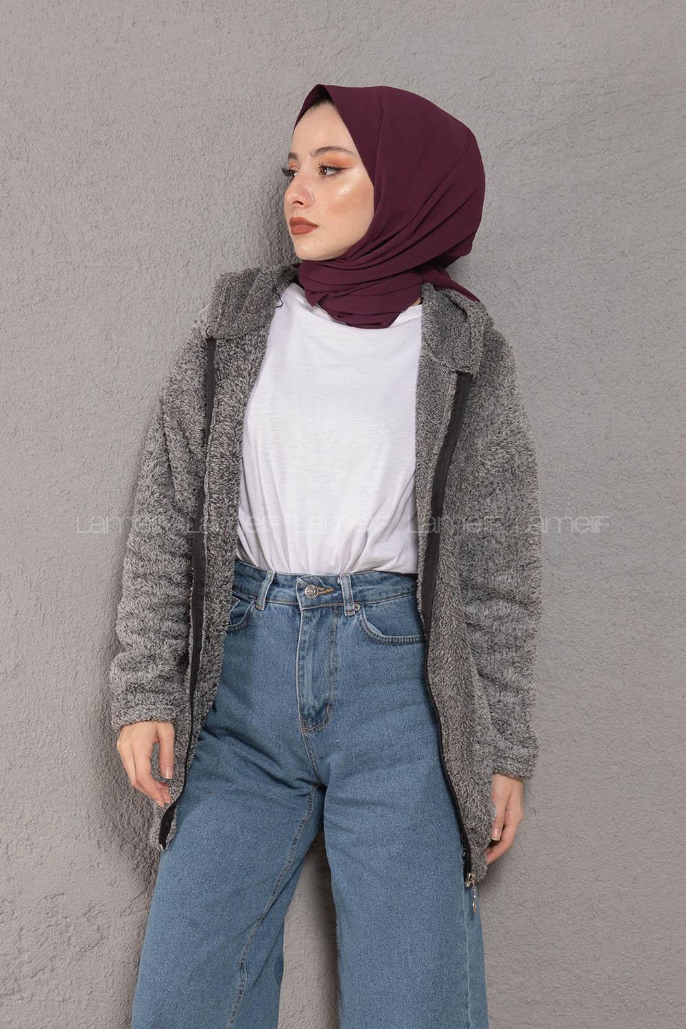 Modalamelif Önü Fermuarlı Peluş Mont Gri Siyah