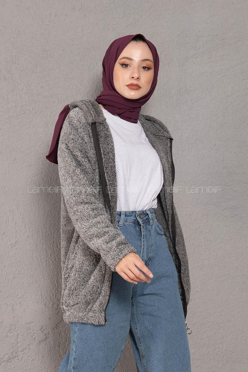 Modalamelif Önü Fermuarlı Peluş Mont Gri Siyah