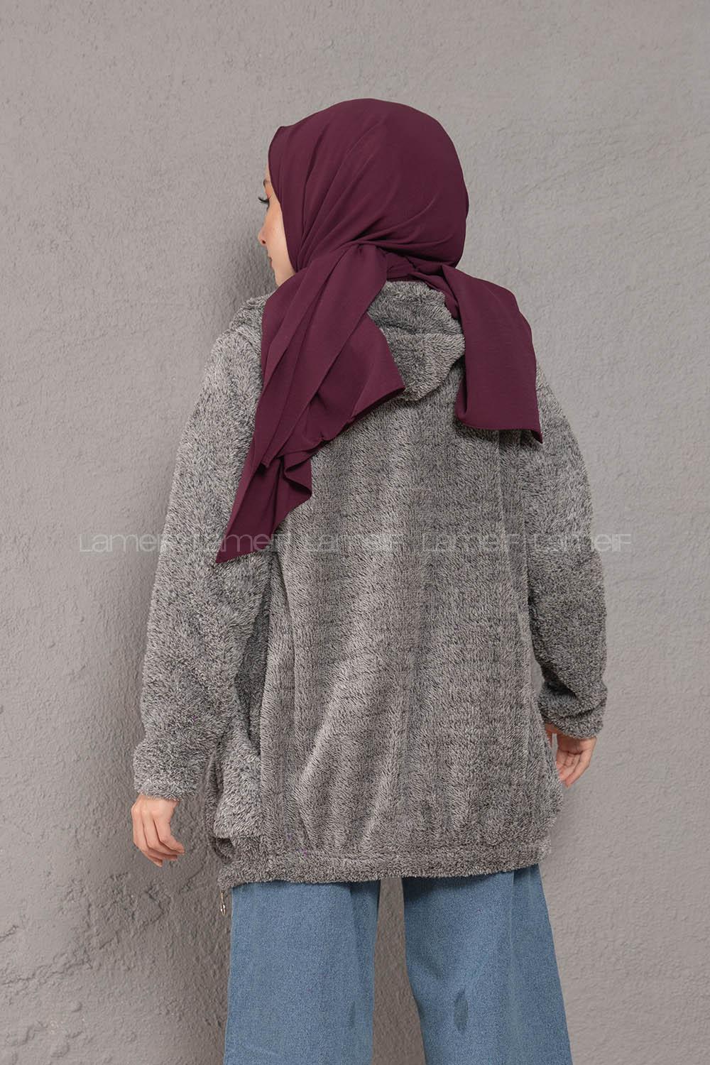 Modalamelif Önü Fermuarlı Peluş Mont Gri Siyah