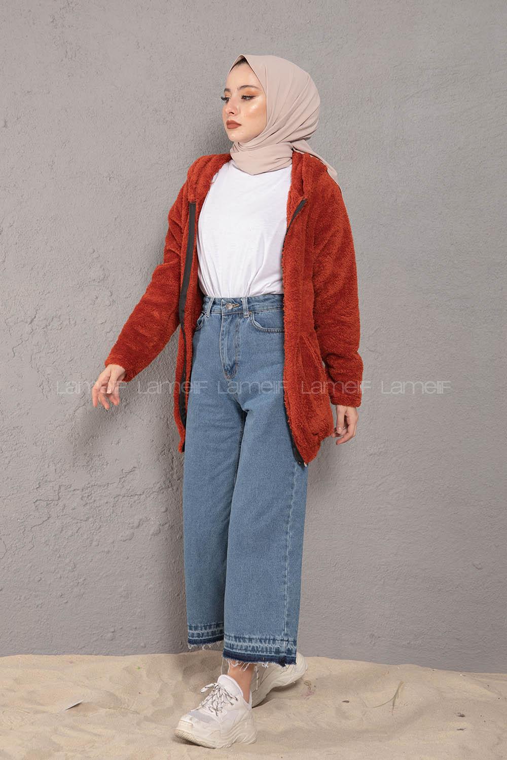 Modalamelif Önü Fermuarlı Peluş Mont Kiremit