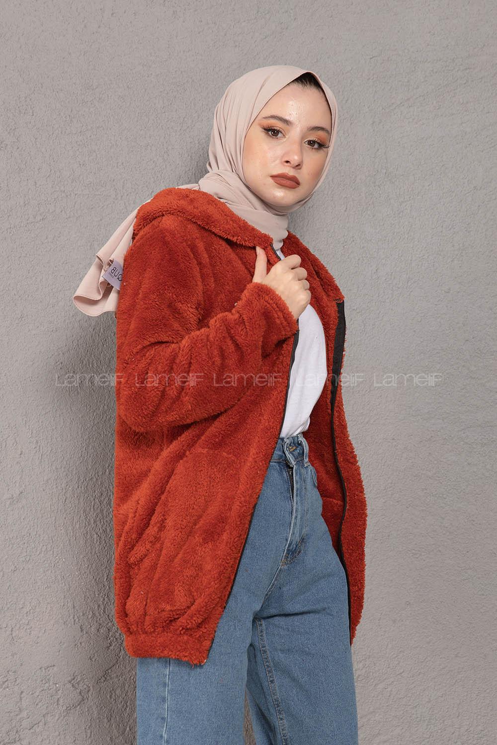 Modalamelif Önü Fermuarlı Peluş Mont Kiremit