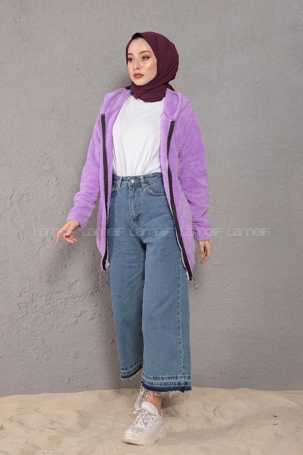 Modalamelif Önü Fermuarlı Peluş Mont Lila