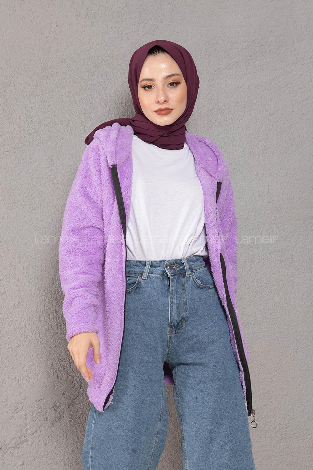 Modalamelif Önü Fermuarlı Peluş Mont Lila