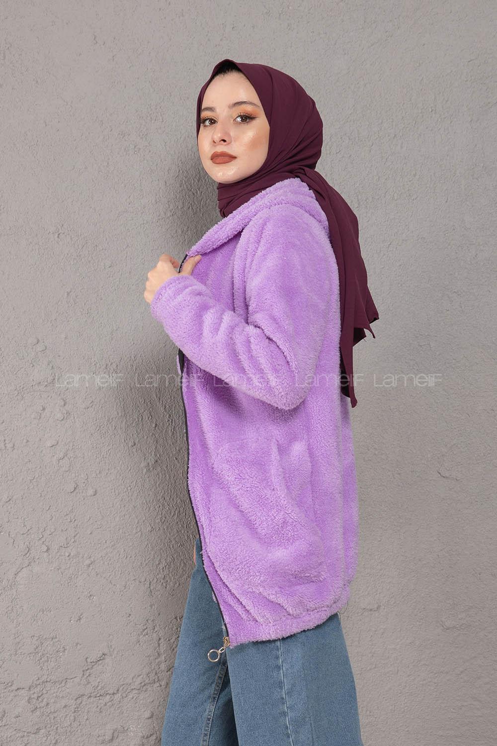 Modalamelif Önü Fermuarlı Peluş Mont Lila