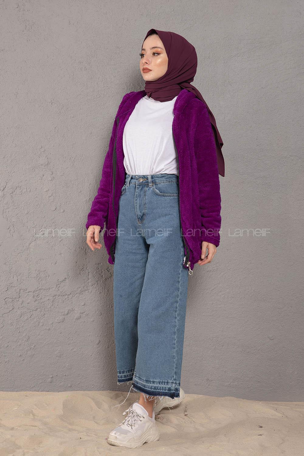 Modalamelif Önü Fermuarlı Peluş Mont Mor