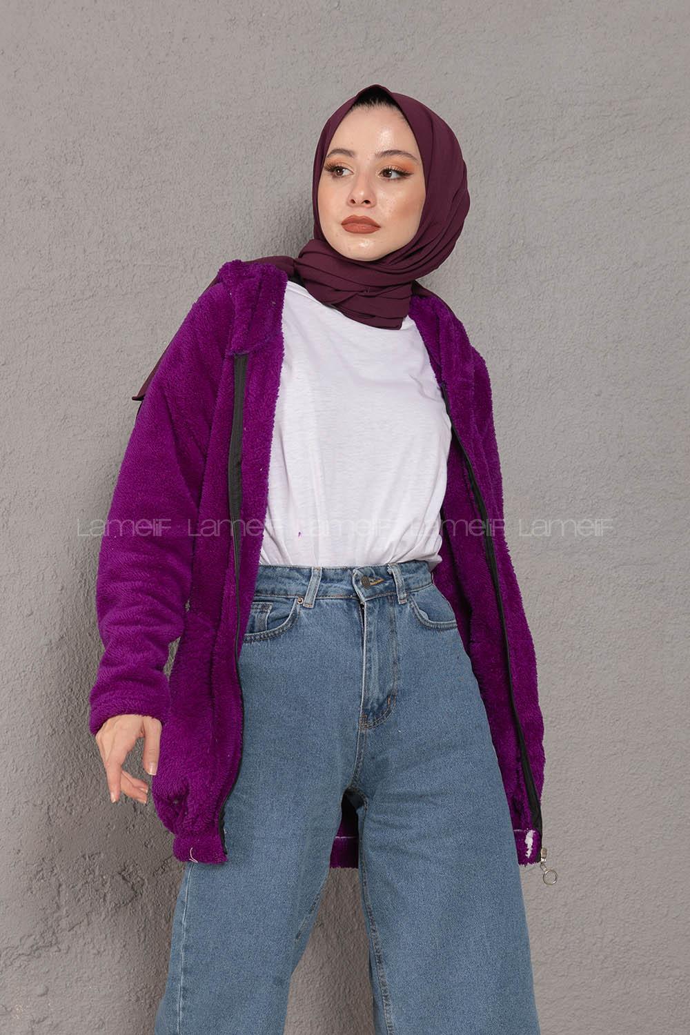 Modalamelif Önü Fermuarlı Peluş Mont Mor