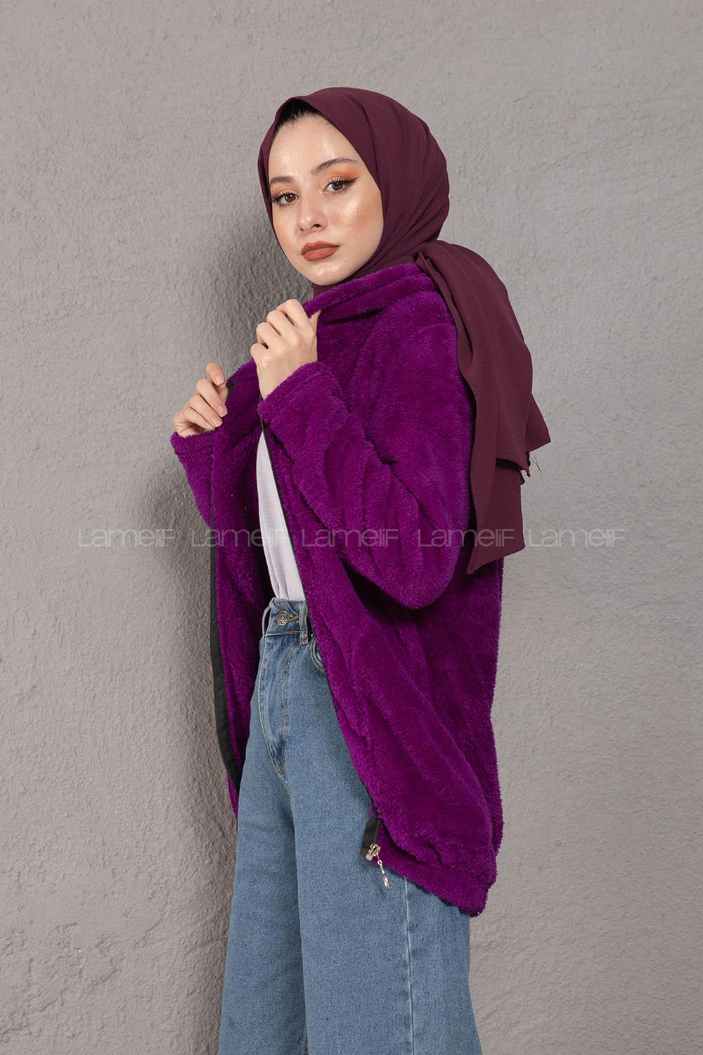 Modalamelif Önü Fermuarlı Peluş Mont Mor