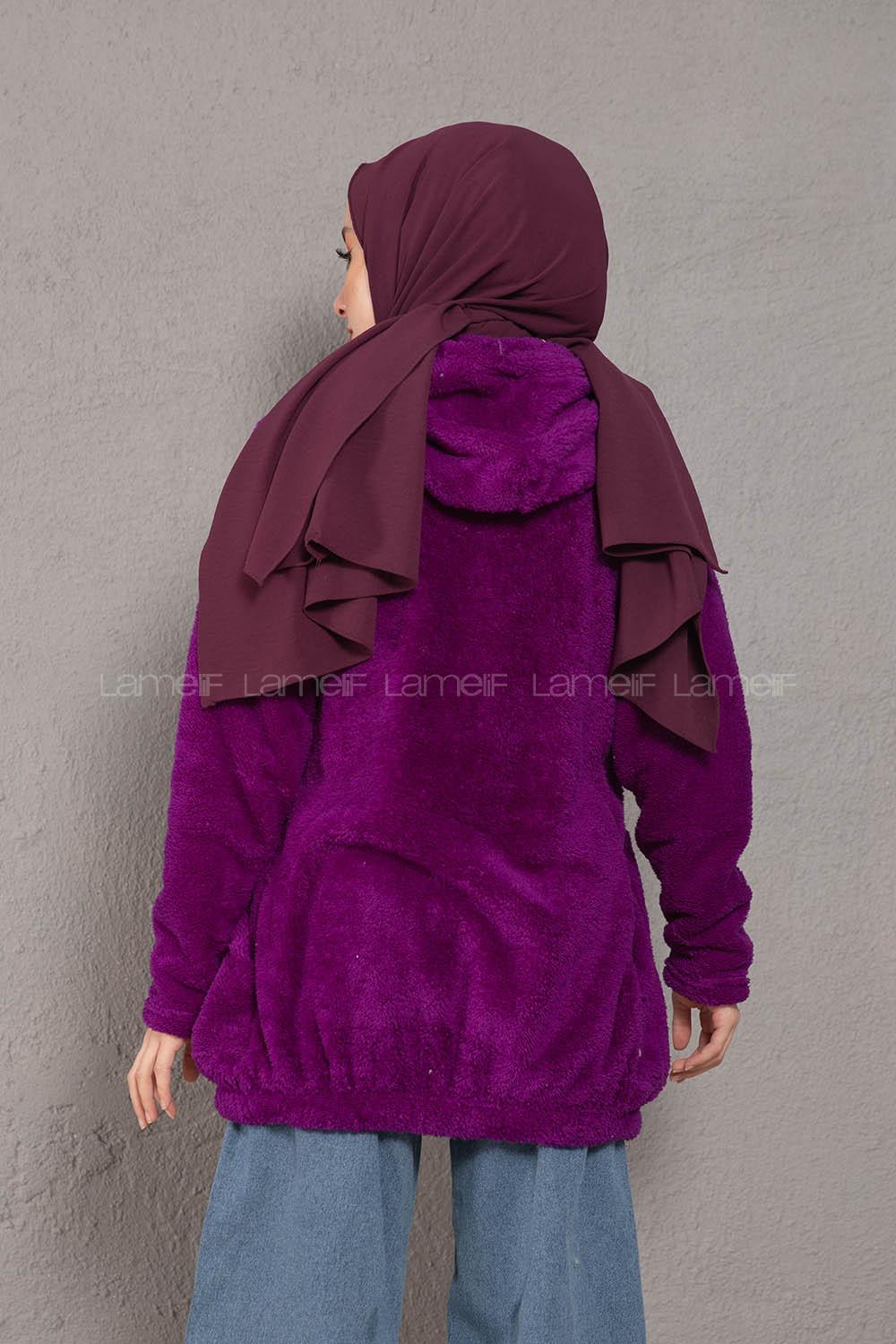 Modalamelif Önü Fermuarlı Peluş Mont Mor