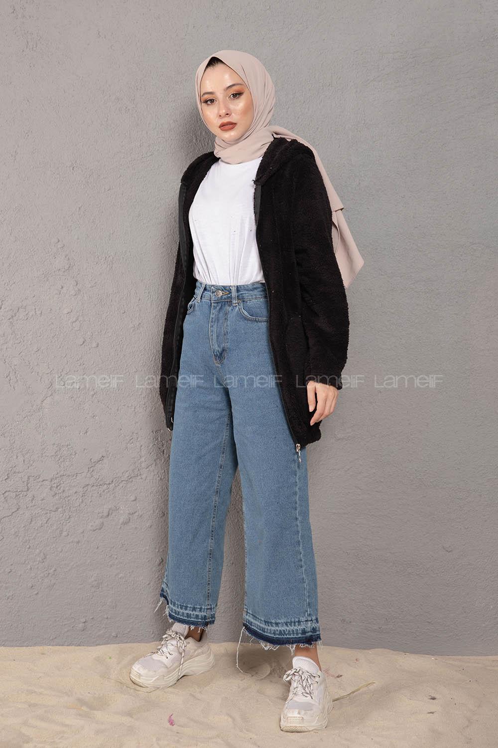 Modalamelif Önü Fermuarlı Peluş Mont Siyah