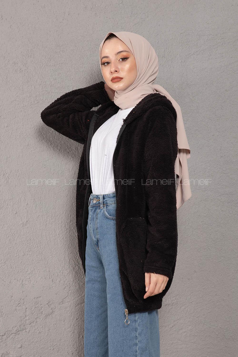 Modalamelif Önü Fermuarlı Peluş Mont Siyah