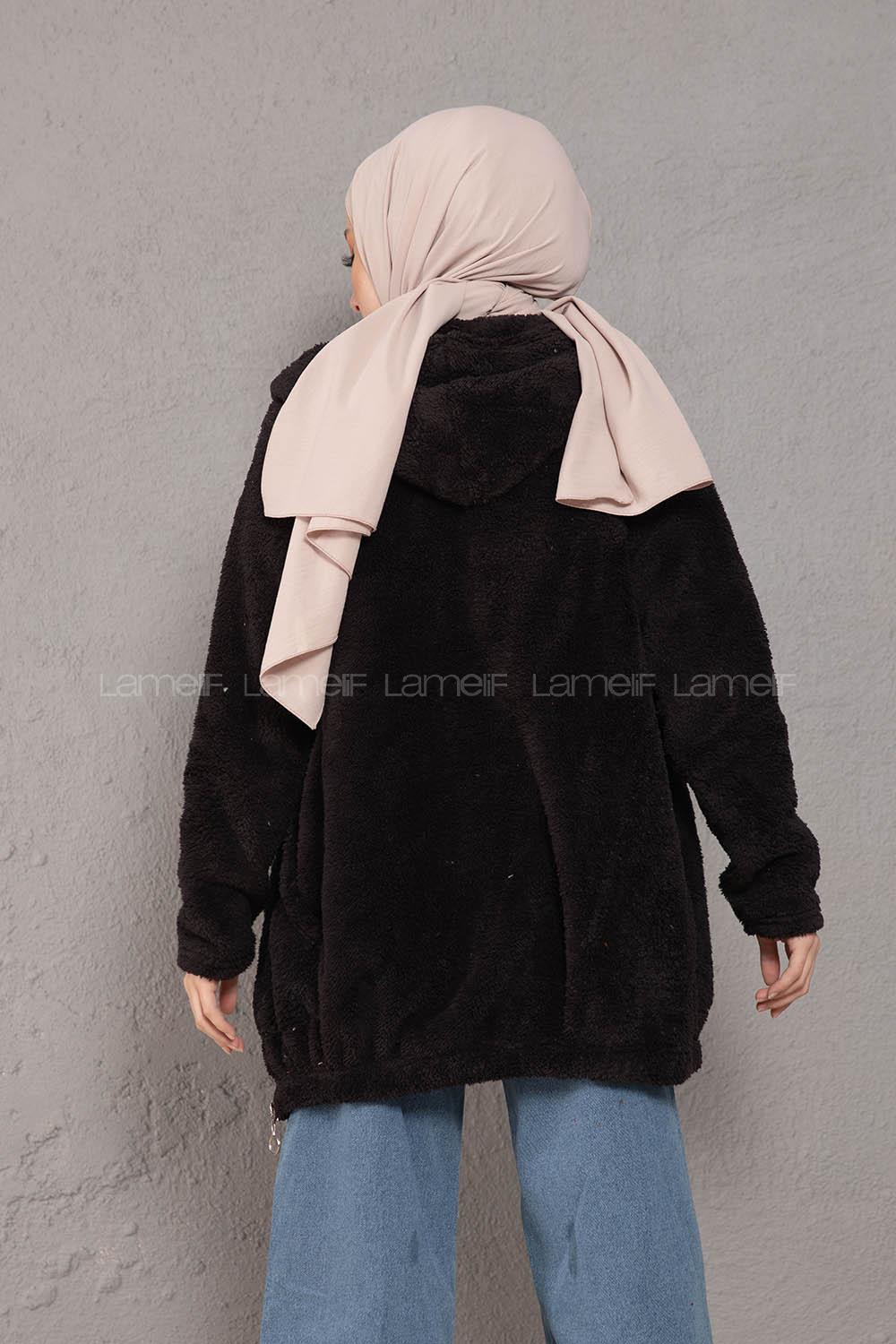 Modalamelif Önü Fermuarlı Peluş Mont Siyah