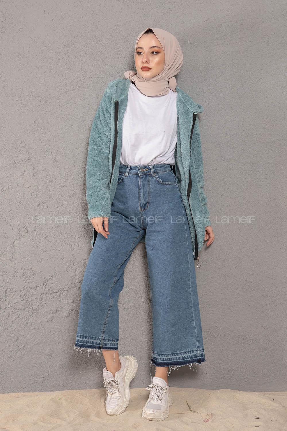 Modalamelif Önü Fermuarlı Peluş Mont Su Yeşili