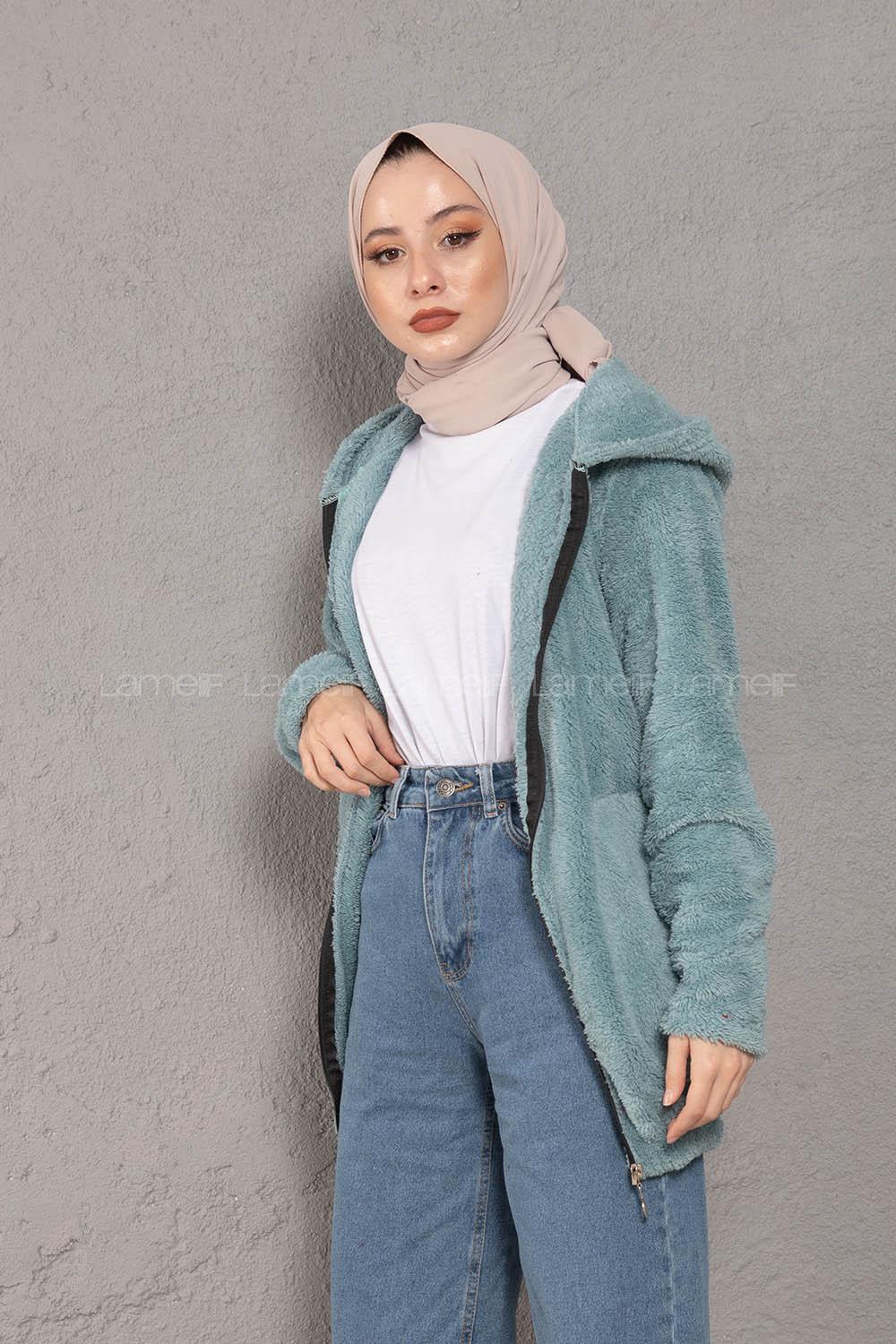 Modalamelif Önü Fermuarlı Peluş Mont Su Yeşili