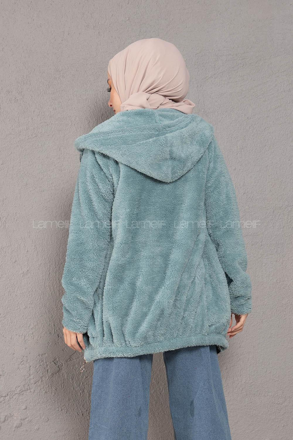 Modalamelif Önü Fermuarlı Peluş Mont Su Yeşili