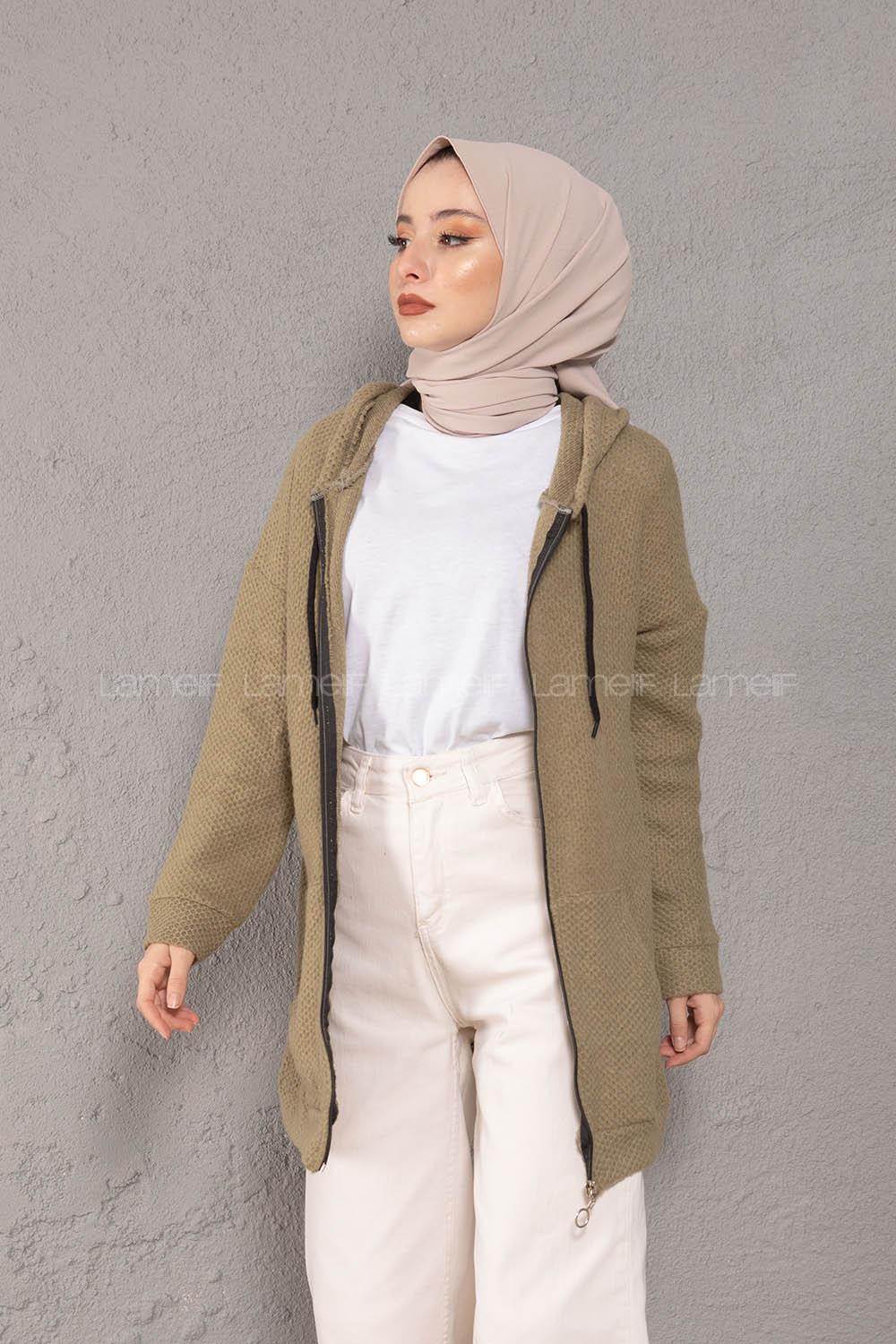 Modalamelif Önü Fermuarlı Triko Hırka Asker Yeşili