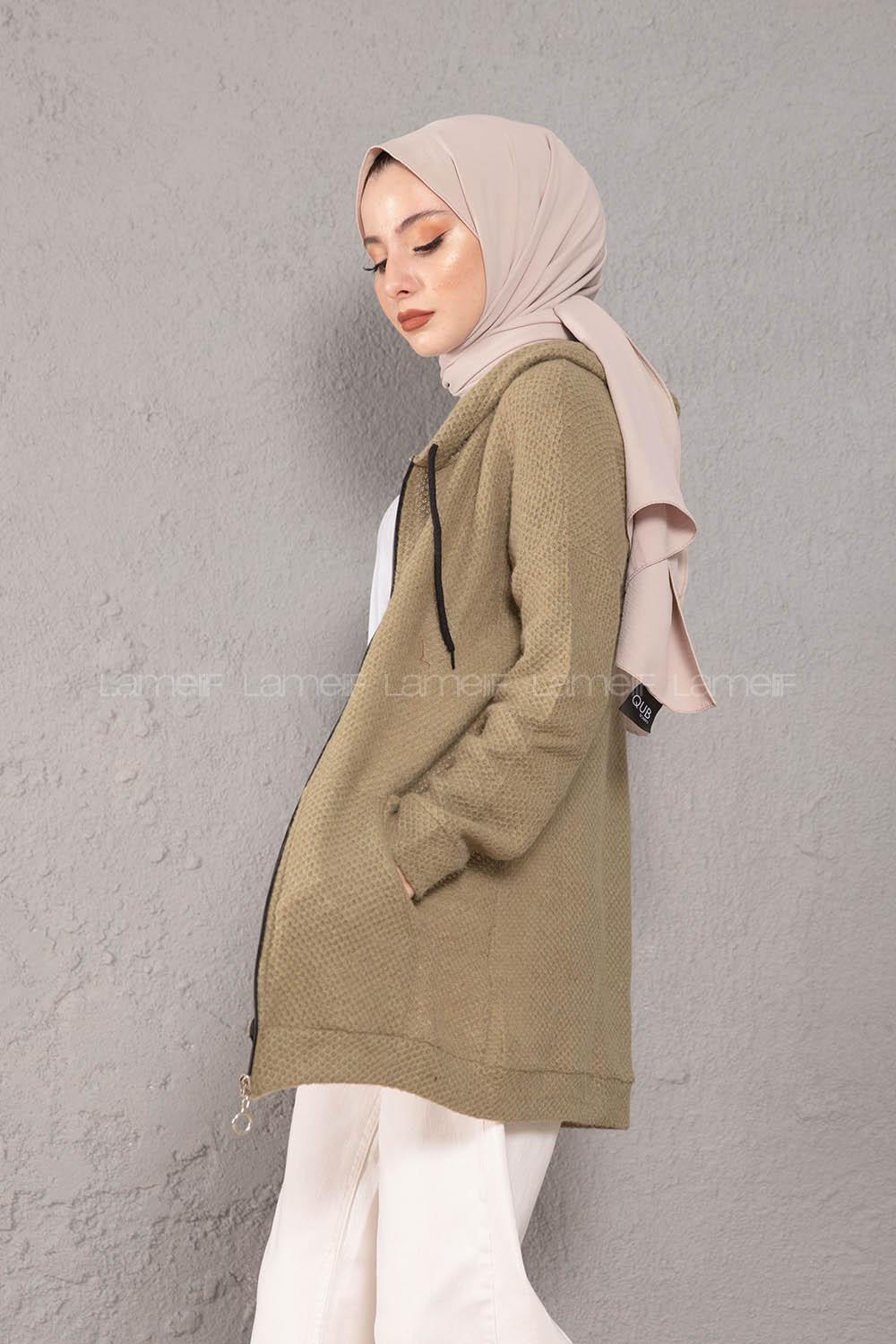 Modalamelif Önü Fermuarlı Triko Hırka Asker Yeşili