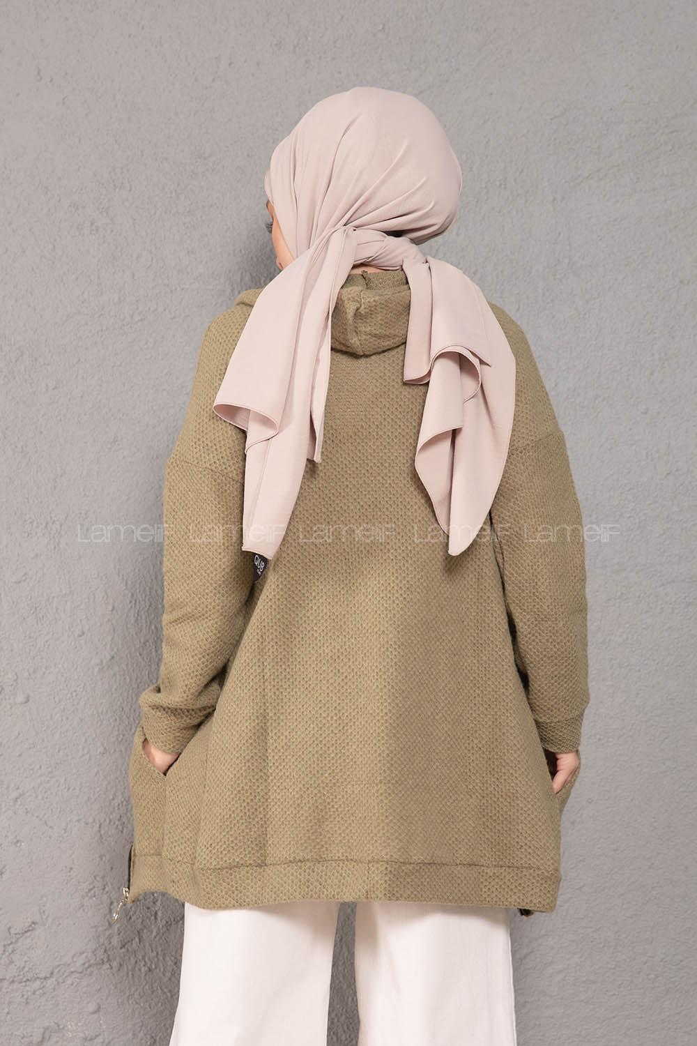 Modalamelif Önü Fermuarlı Triko Hırka Asker Yeşili