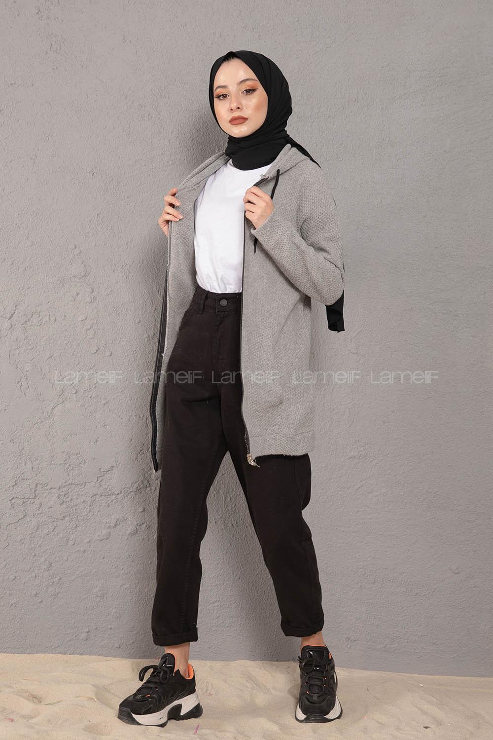 Modalamelif Önü Fermuarlı Triko Hırka Gri