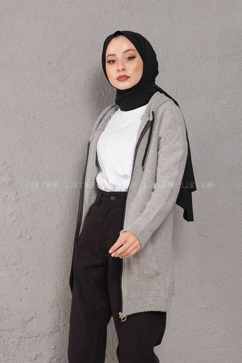 Modalamelif Önü Fermuarlı Triko Hırka Gri