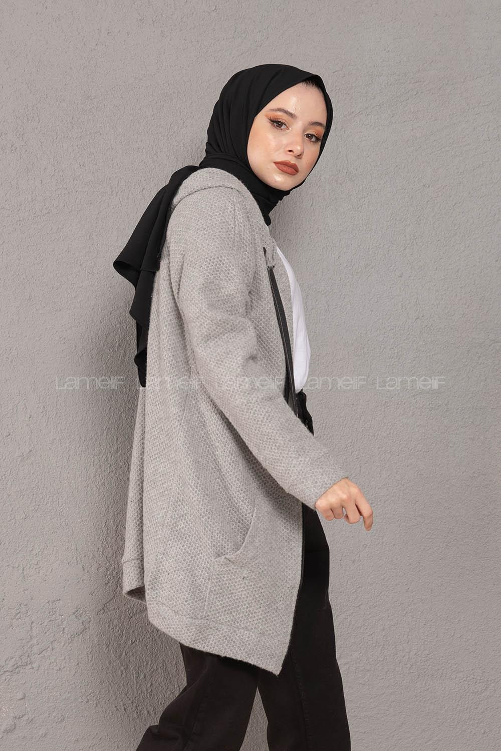 Modalamelif Önü Fermuarlı Triko Hırka Gri