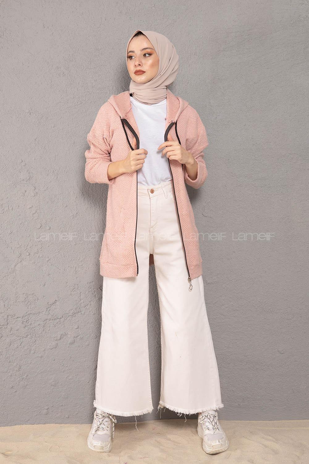 Modalamelif Önü Fermuarlı Triko Hırka Pudra