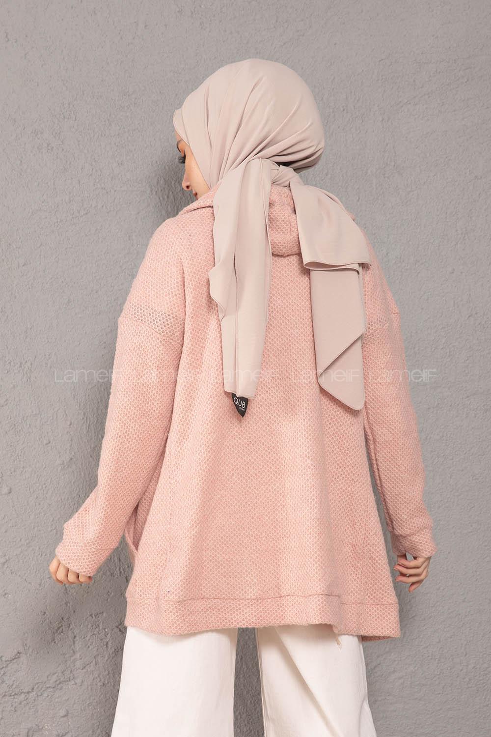 Modalamelif Önü Fermuarlı Triko Hırka Pudra