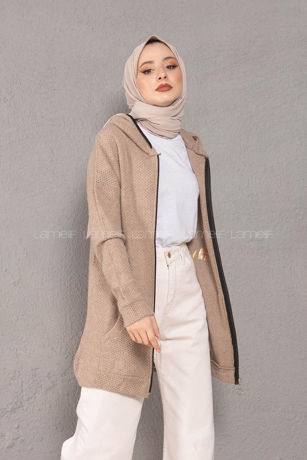 Modalamelif Önü Fermuarlı Triko Hırka Vizonrengi