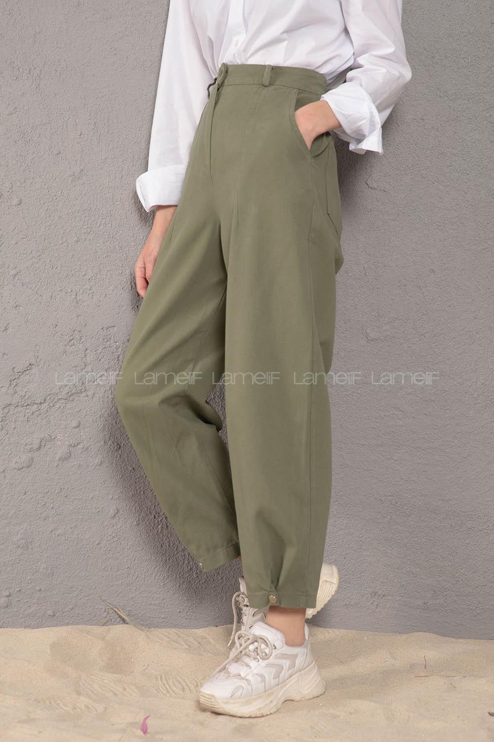 Modalamelif Paçası Çıtçıtlı Kot Pantolon Haki