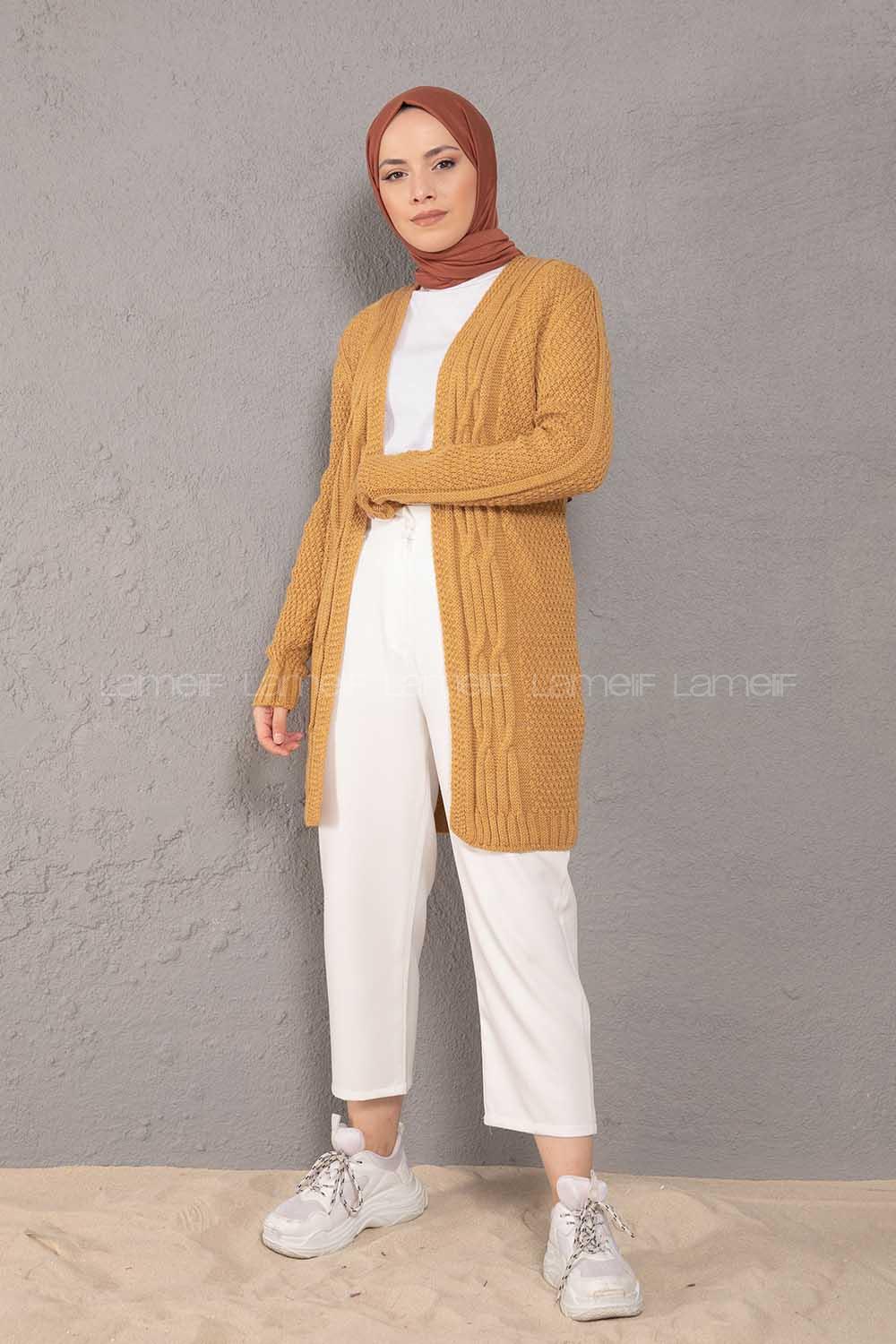 Modalamelif Saç Örgülü Triko Hırka Camel