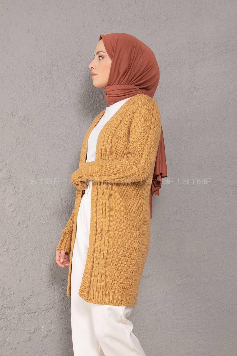 Modalamelif Saç Örgülü Triko Hırka Camel