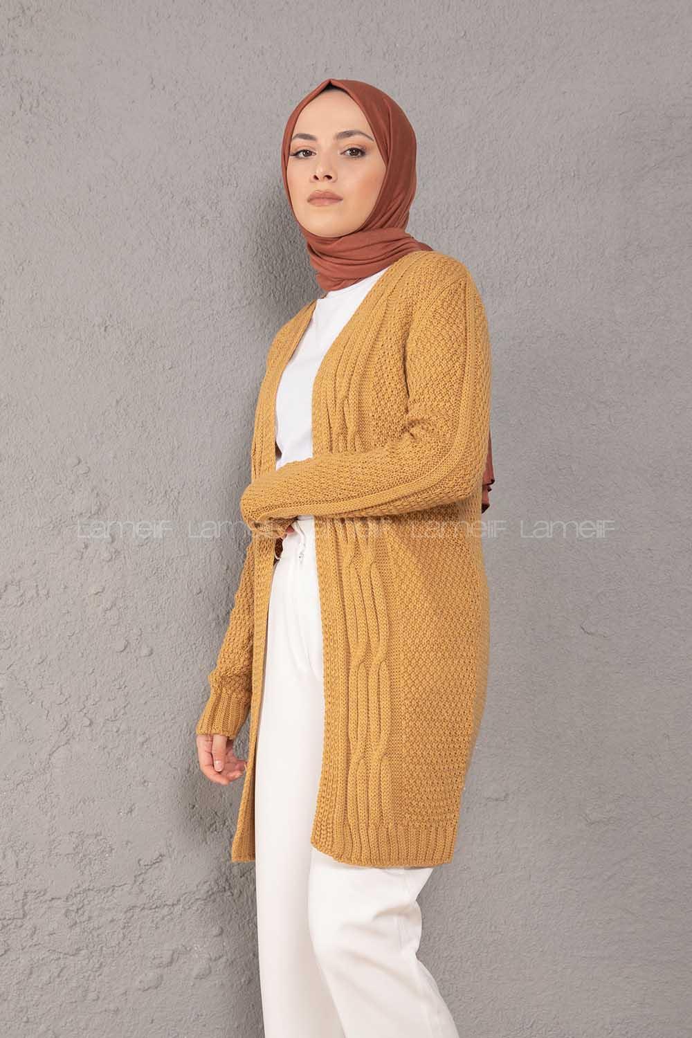 Modalamelif Saç Örgülü Triko Hırka Camel