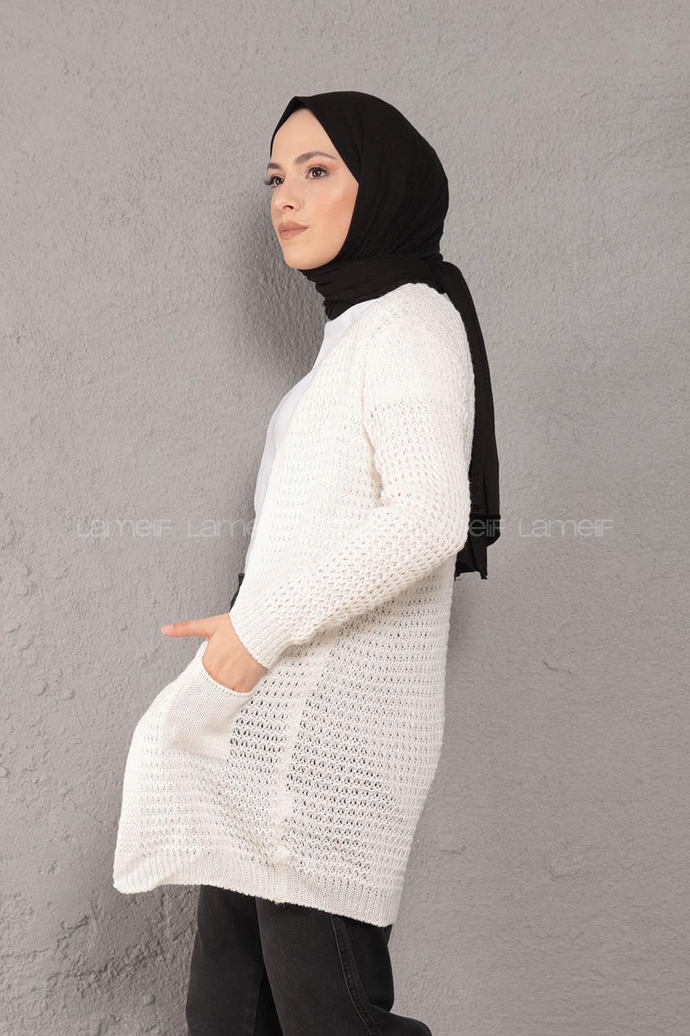 Modalamelif Selanik Cepli Triko Hırka Beyaz