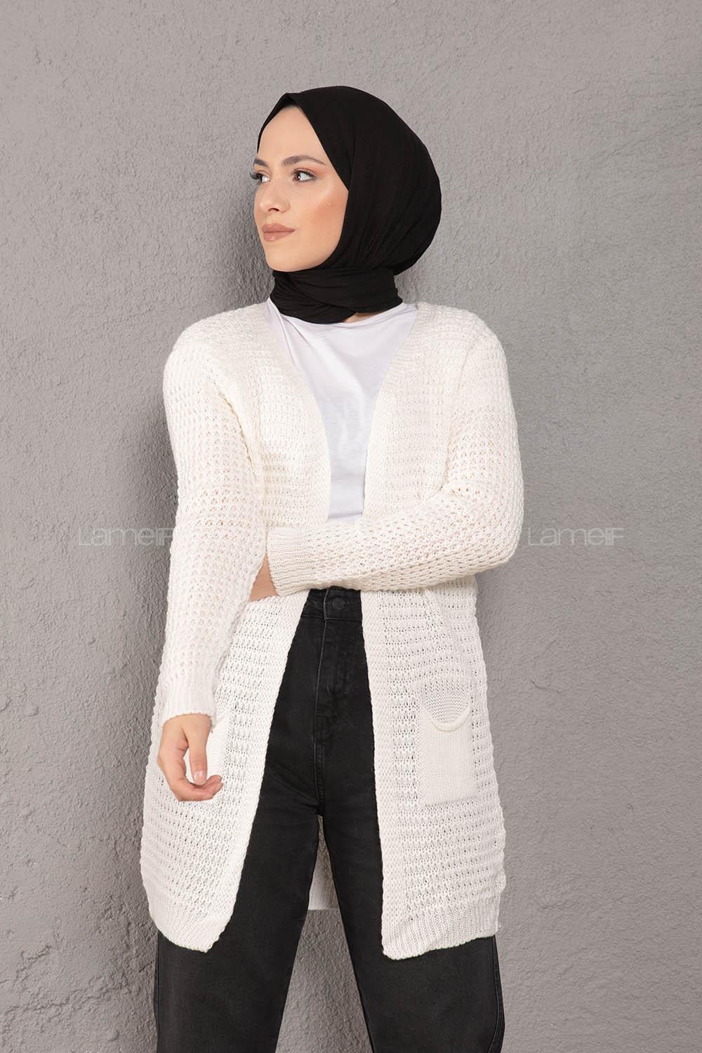 Modalamelif Selanik Cepli Triko Hırka Beyaz