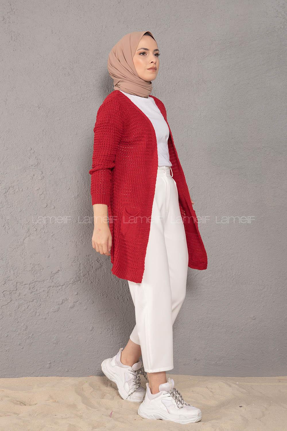 Modalamelif Selanik Cepli Triko Hırka Kırmızı