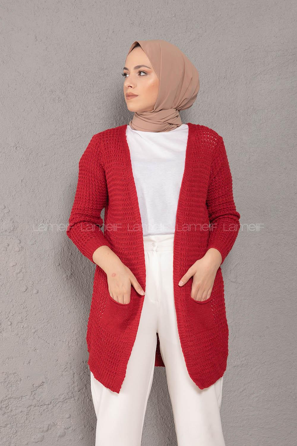 Modalamelif Selanik Cepli Triko Hırka Kırmızı