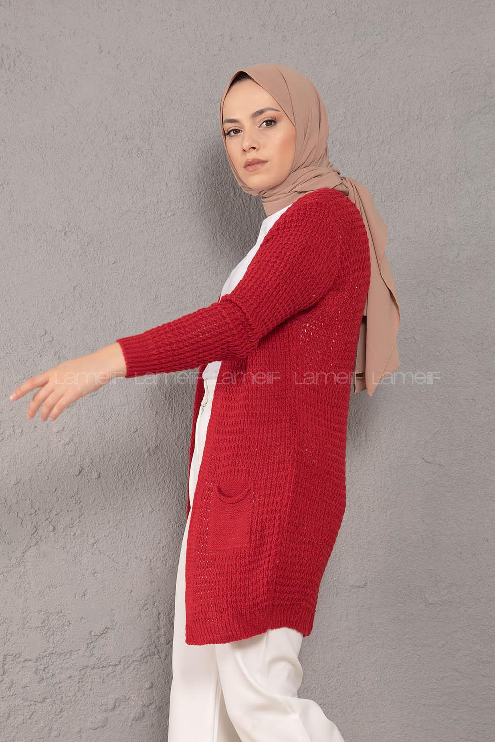 Modalamelif Selanik Cepli Triko Hırka Kırmızı