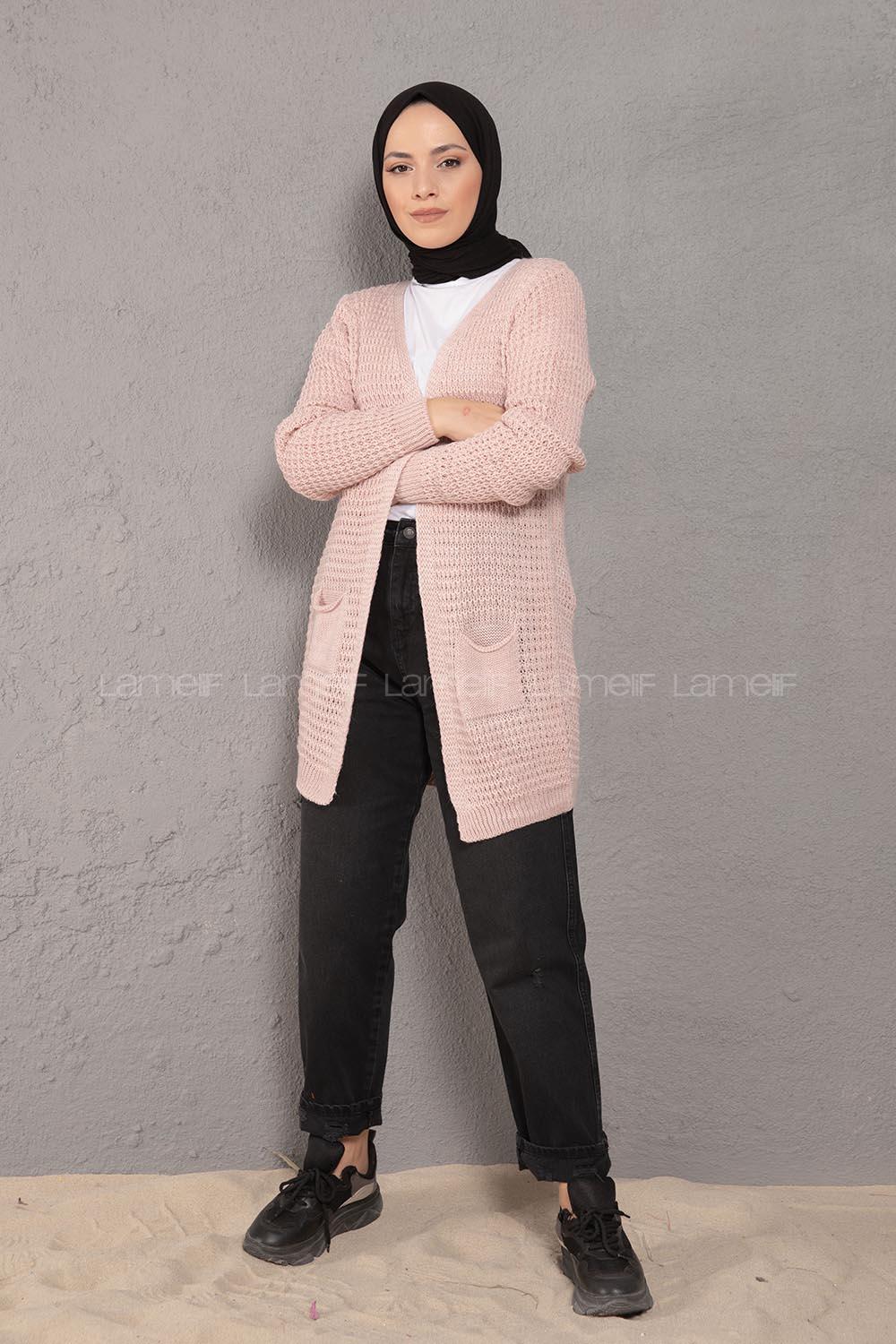 Modalamelif Selanik Cepli Triko Hırka Pudra