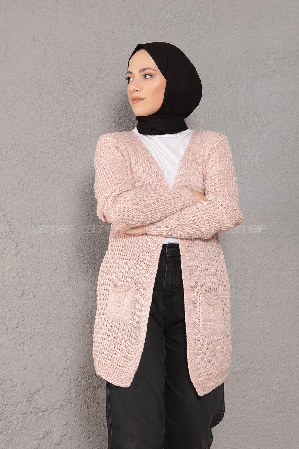 Modalamelif Selanik Cepli Triko Hırka Pudra