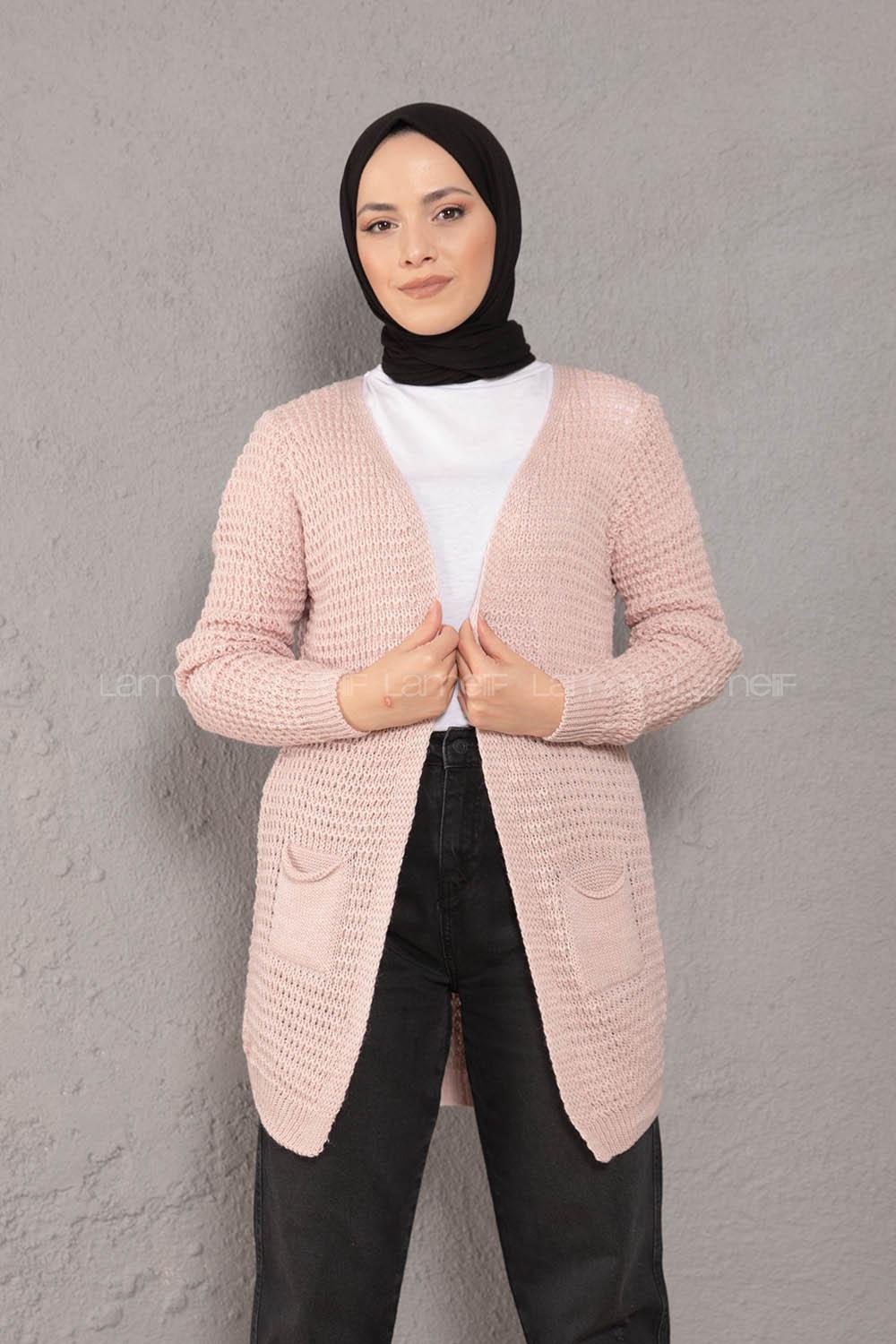 Modalamelif Selanik Cepli Triko Hırka Pudra