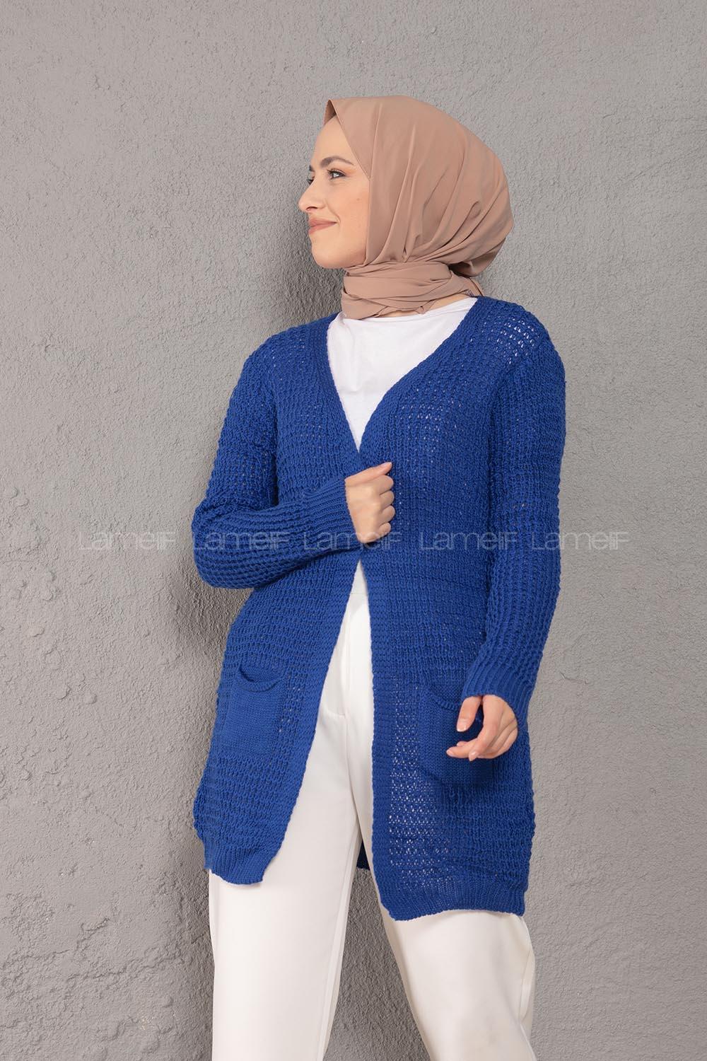 Modalamelif Selanik Cepli Triko Hırka Saks Mavisi