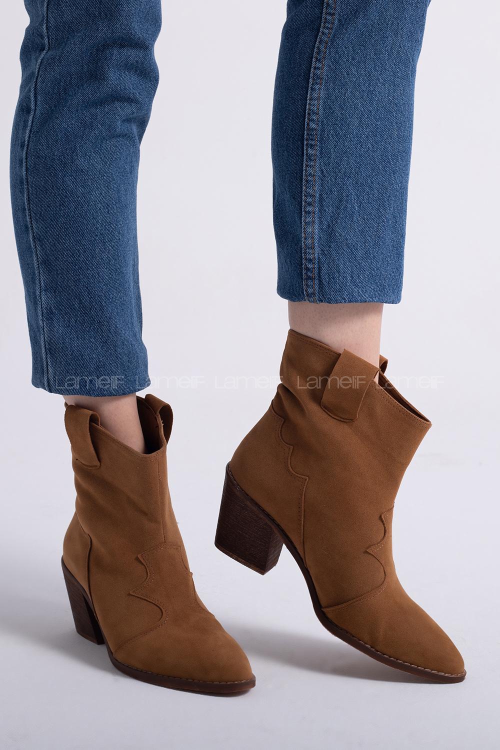 Modalamelif Sivri Burun Nakışlı Süet Taba Bot